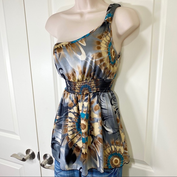 Satin One Shoulder Retro Tie Dye Design Tank Top - Picture 12 of 15